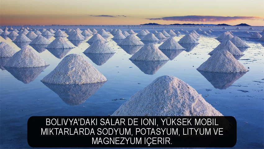 Bolivya'daki Salar de Ioni, yüksek mobil miktarlarda sodyum, potasyum, lityum ve magnezyum içerir.