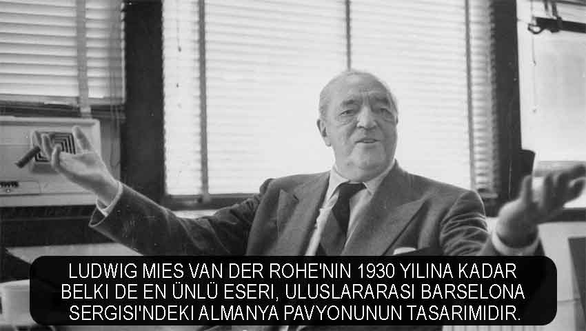 Ludwig Mies van der Rohe'nin 1930 yılına kadar belki de en ünlü eseri, Uluslararası Barselona Sergisi'ndeki Almanya pavyonunun tasarımıdır.