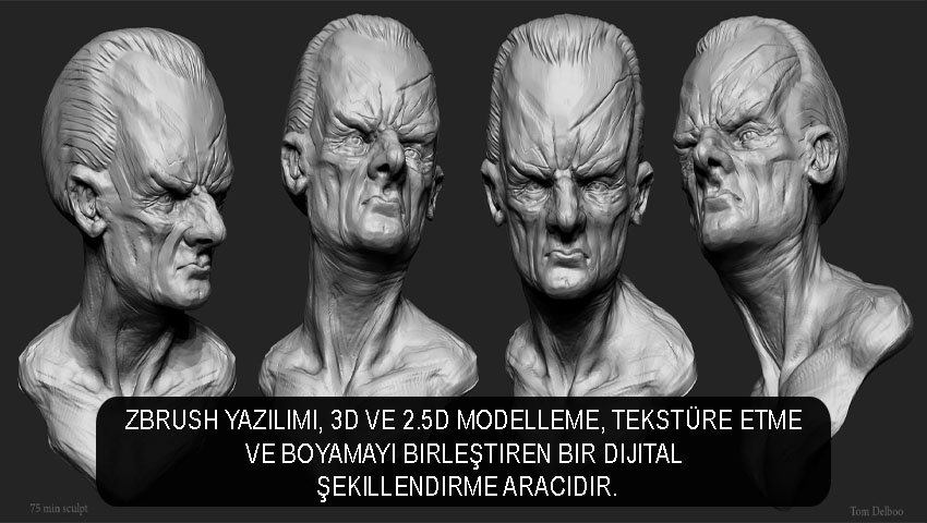 ZBrush yazılımı, 3D ve 2.5D modelleme, tekstüre etme ve boyamayı birleştiren bir dijital şekillendirme aracıdır.