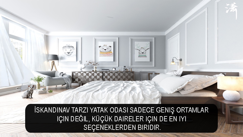 İskandinav tarzı yatak odası sadece geniş ortamlar için değil, küçük daireler için de en iyi seçeneklerden biridir.