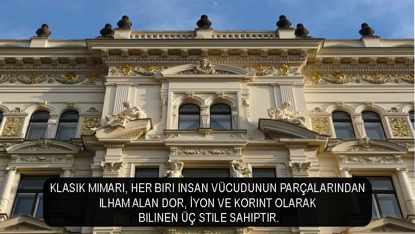Klasik mimari, her biri insan vücudunun parçalarından ilham alan Dor, İyon ve Korint olarak bilinen üç stile sahiptir.
