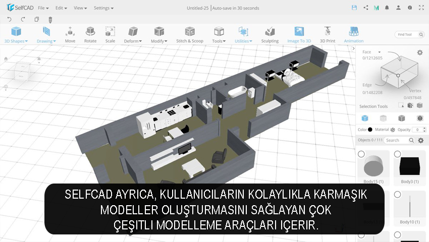 SelfCAD ayrıca, kullanıcıların kolaylıkla karmaşık modeller oluşturmasını sağlayan çok çeşitli modelleme araçları içerir.