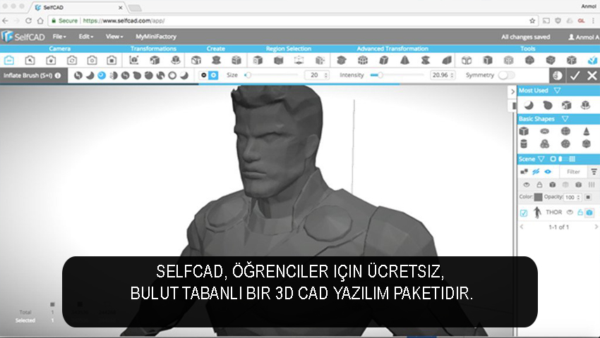 SelfCAD, öğrenciler için ücretsiz, bulut tabanlı bir 3D CAD yazılım paketidir.