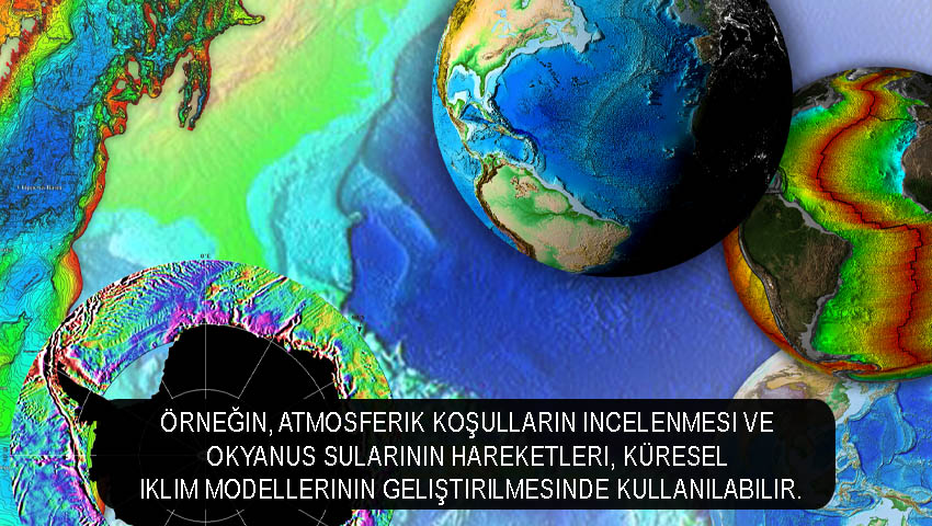 Örneğin, atmosferik koşulların incelenmesi ve okyanus sularının hareketleri, küresel iklim modellerinin geliştirilmesinde kullanılabilir.
